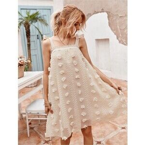 Amoli Textured Applique Shift Dress Size M Tie Shoulder Boho Cream Lined